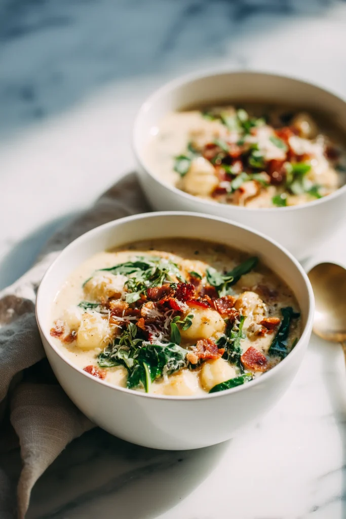 Crack Chicken Gnocchi with Bacon & Spinach 4 White bowls of Crack Chicken Gnocchi with Bacon & Spinach, creamy with bacon and spinach on a bright background.