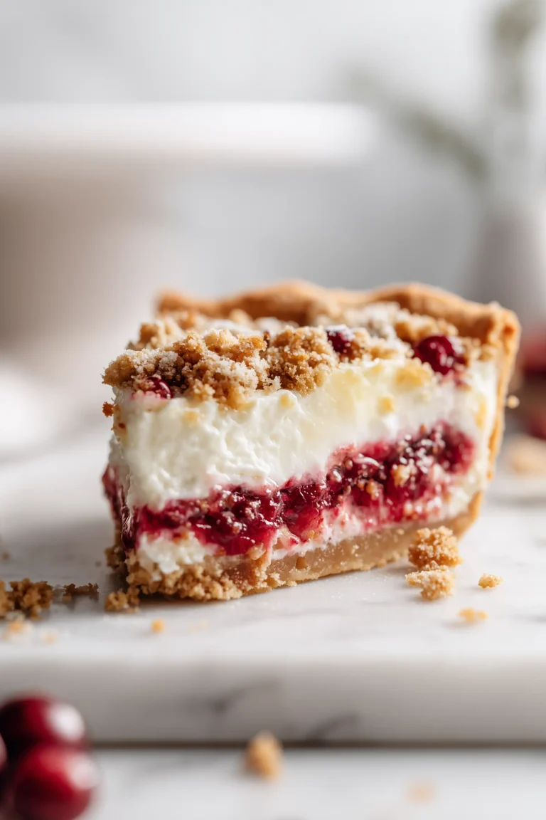 A slice of Cranberry Cream Cheese Crumb Pie on a white marble background, featuring distinct cranberry, cream cheese, and crumb layers.