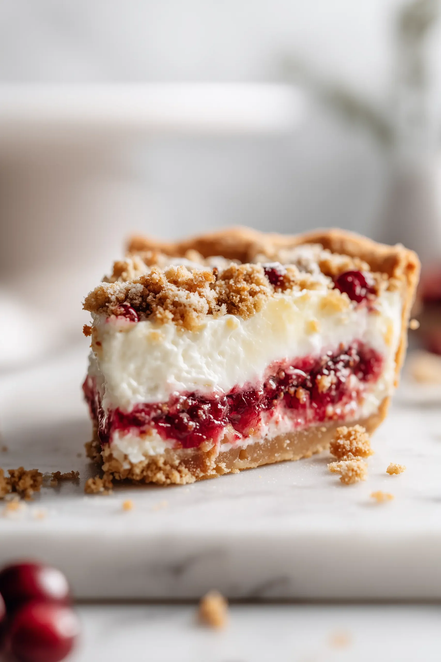 A slice of Cranberry Cream Cheese Crumb Pie on a white marble background, featuring distinct cranberry, cream cheese, and crumb layers.