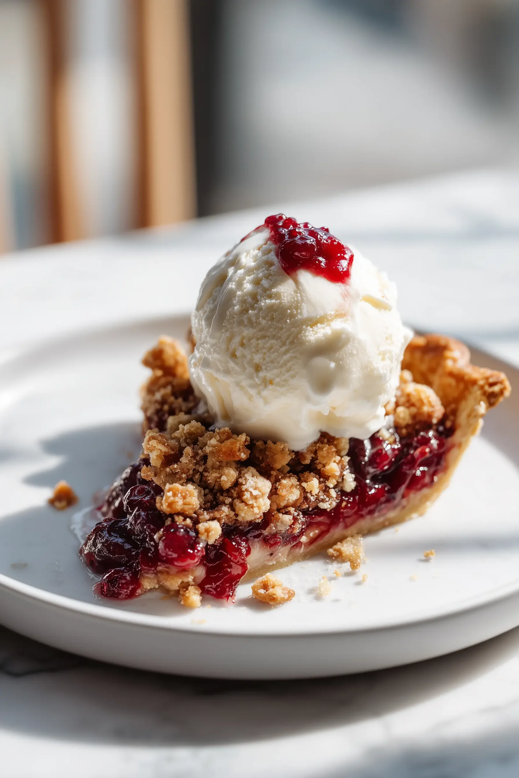 A plate with Cranberry Cream Cheese Crumb Pie, vanilla ice cream, and extra cranberry sauce on a bright background.