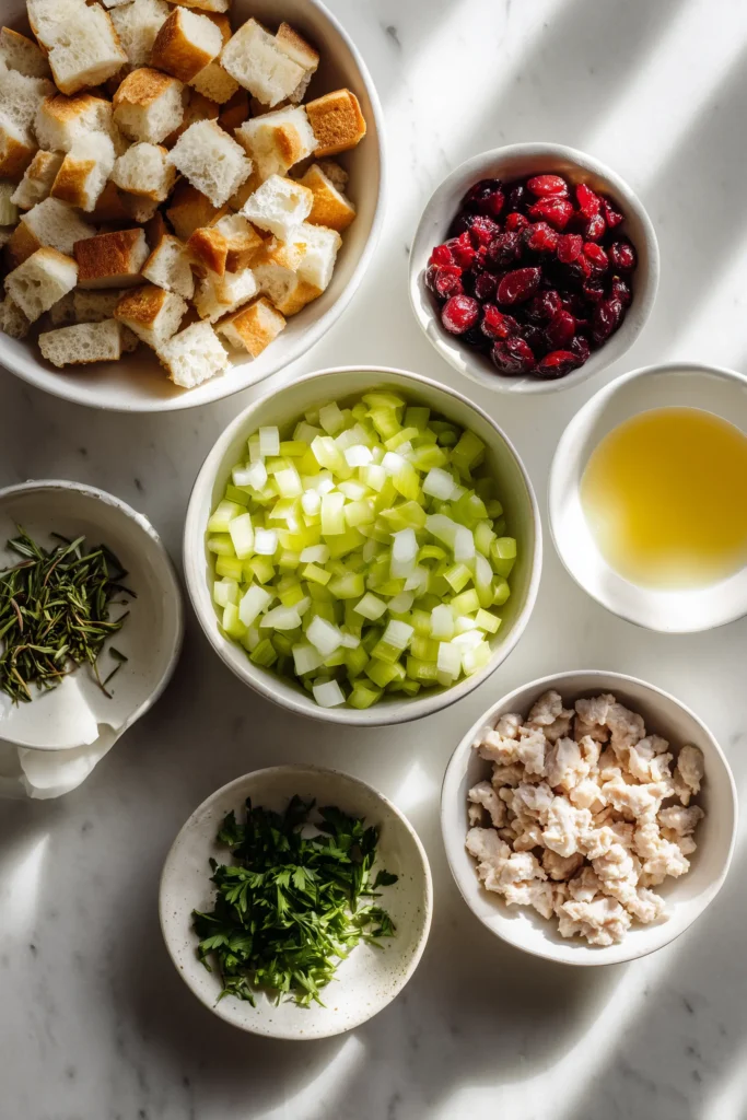 Cranberry Turkey Stuffing Balls (with Mushroom “Blend”) 2 Colorful and fresh ingredients for Cranberry Turkey Stuffing Balls neatly arranged on a bright white surface.
