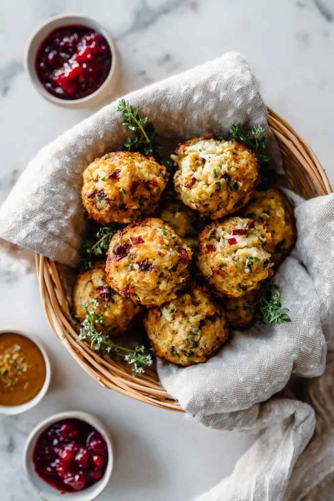 Cranberry Turkey Stuffing Balls (with Mushroom “Blend”) 4 A basket of Cranberry Turkey Stuffing Balls with small bowls of dip and cranberry sauce on a light wooden surface.
