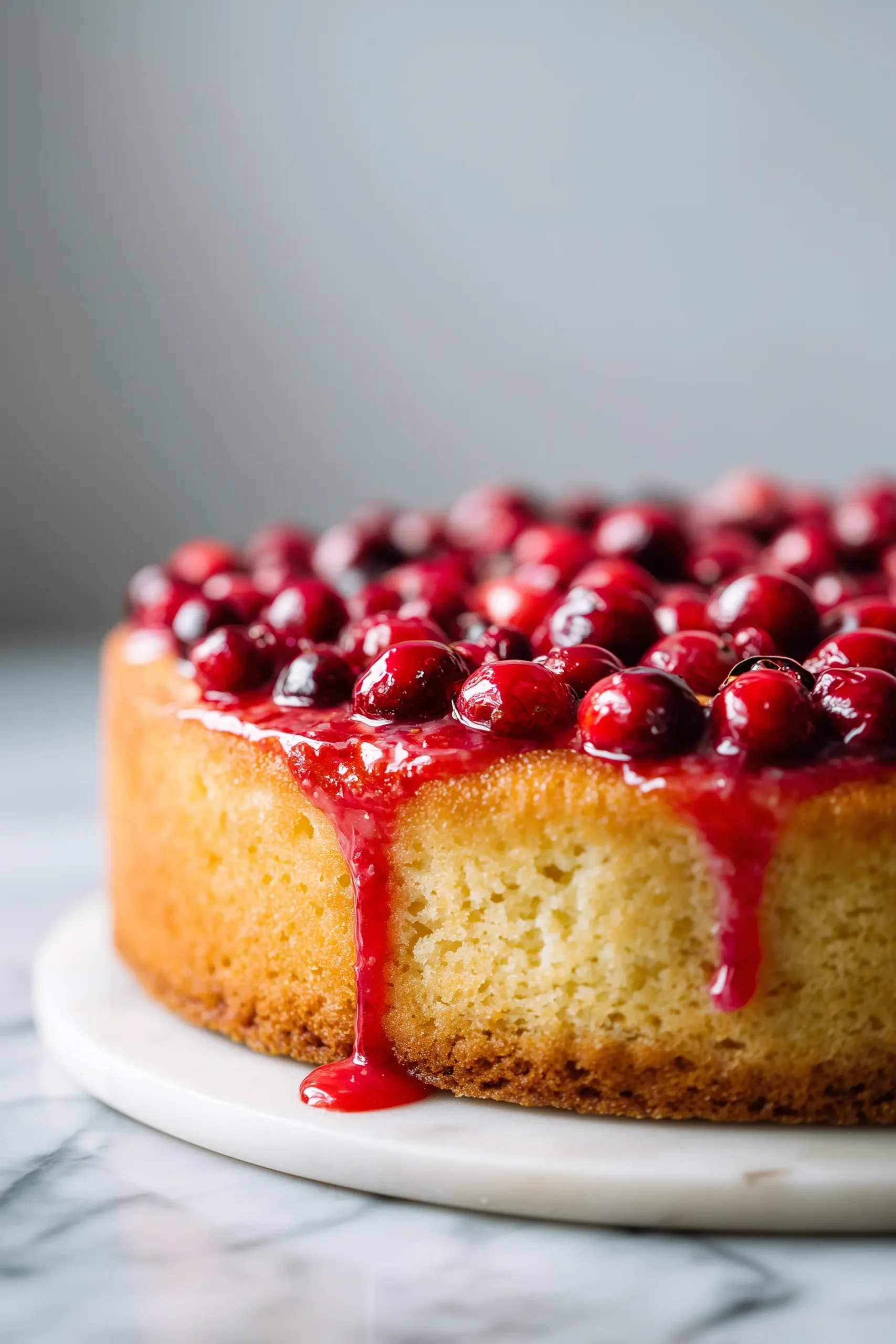 Freshly inverted Cranberry Upside Down Cake with glossy cranberry topping and moist crumb on a light background.