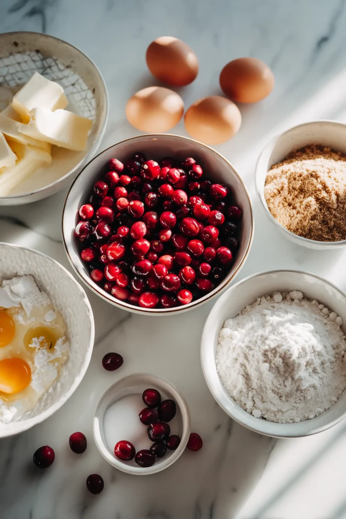 Ingredients for Cranberry Upside Down Cake arranged on marble, including cranberries, sugar, and butter.