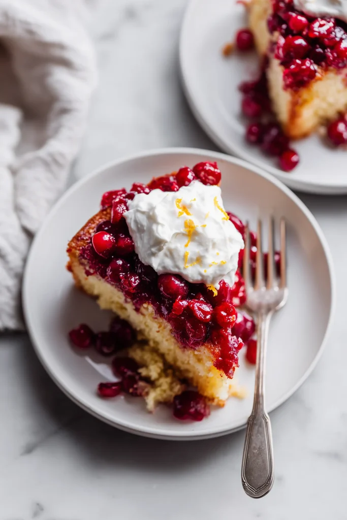 Slice of Cranberry Upside Down Cake served with a dollop of cream and visible cranberries.