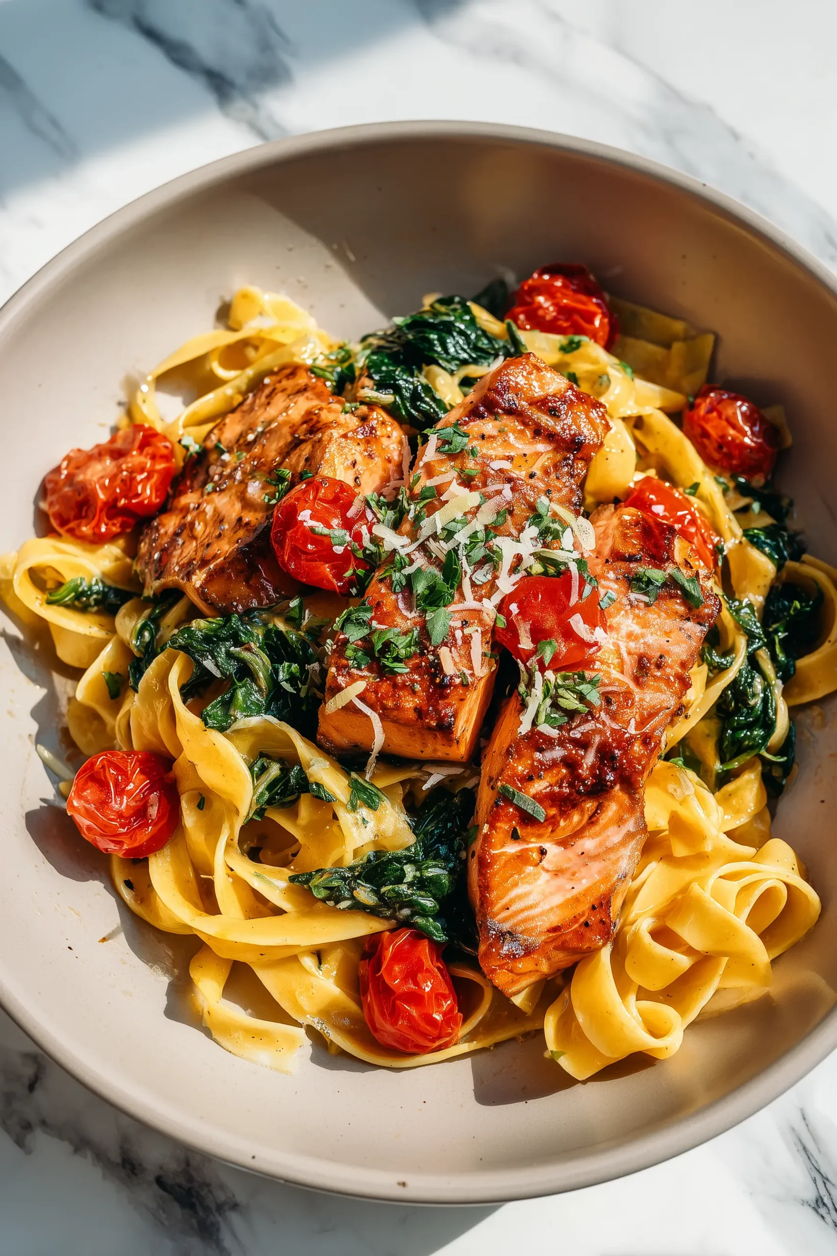 A bowl of Creamy Cajun Salmon Pasta with smoky salmon, cherry tomatoes, spinach, and parmesan in a creamy Cajun sauce.