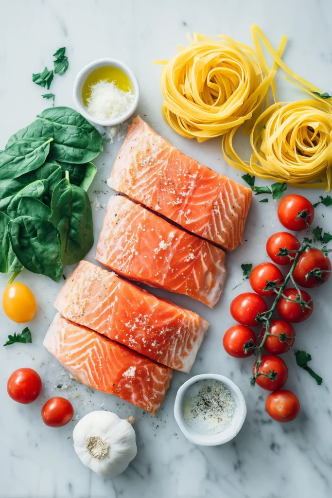 Creamy Cajun Salmon Pasta 2 The key ingredients for Creamy Cajun Salmon Pasta—the salmon, pasta, spices, cream, veggies, and cheese—arranged on a bright surface.