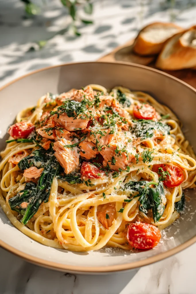 Creamy Cajun Salmon Pasta 4 A large platter of Creamy Cajun Salmon Pasta with salmon, creamy sauce, and veggies, perfect for family sharing.