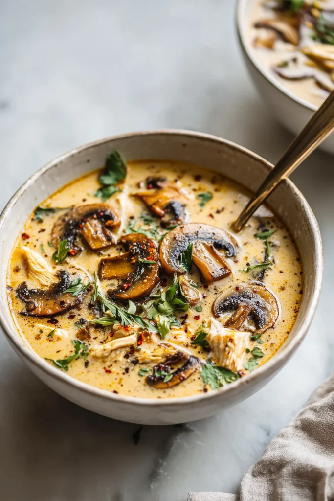 Creamy Chicken Mushroom Soup in a bright bowl showing creamy broth, golden mushrooms, and tender chicken.