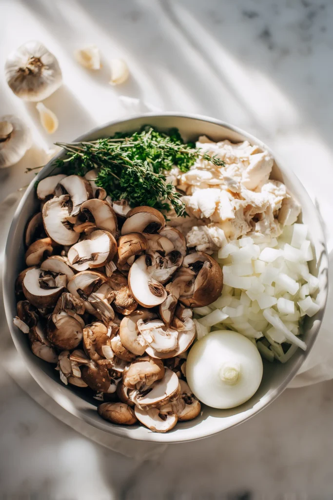 Overhead layout of Creamy Chicken Mushroom Soup ingredients on white marble: mushrooms, chicken, onions, garlic, broth, and cream.