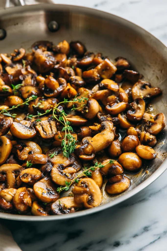 Golden sautéed mushrooms in a pan, showing texture and herbs for Creamy Chicken Mushroom Soup.