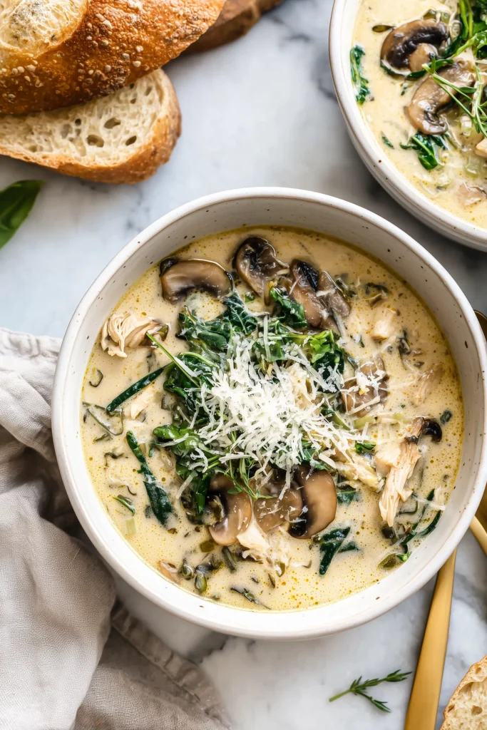Bowl of Creamy Chicken Mushroom Soup with golden mushrooms, creamy broth, and bread, finished with parmesan and greens.