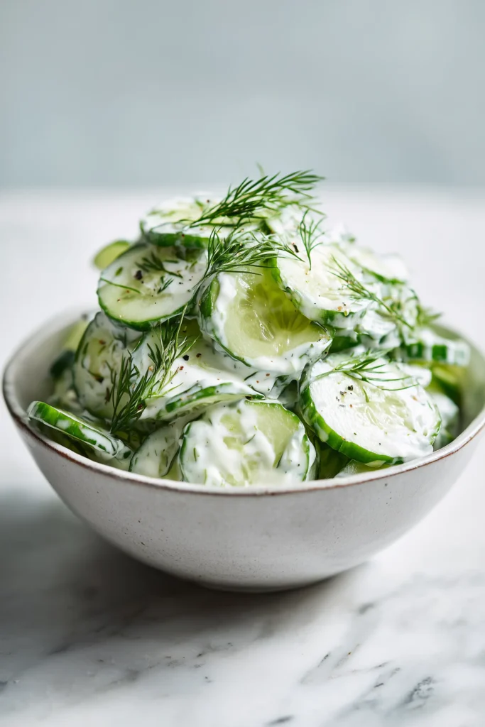 Crispy Teriyaki Chicken & Mushroom Tacos with Creamy Cucumber Salad 3 Bowl of creamy cucumber salad for serving with Crispy Teriyaki Chicken & Mushroom Tacos, topped with dill.