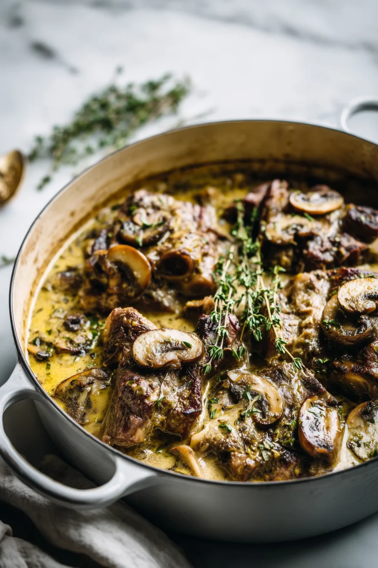 Beef short ribs braised with mushrooms, herbs, and cream in a Dutch oven, showing Creamy Mushroom Herb–Braised Beef Short Ribs with tender meat and golden sauce.