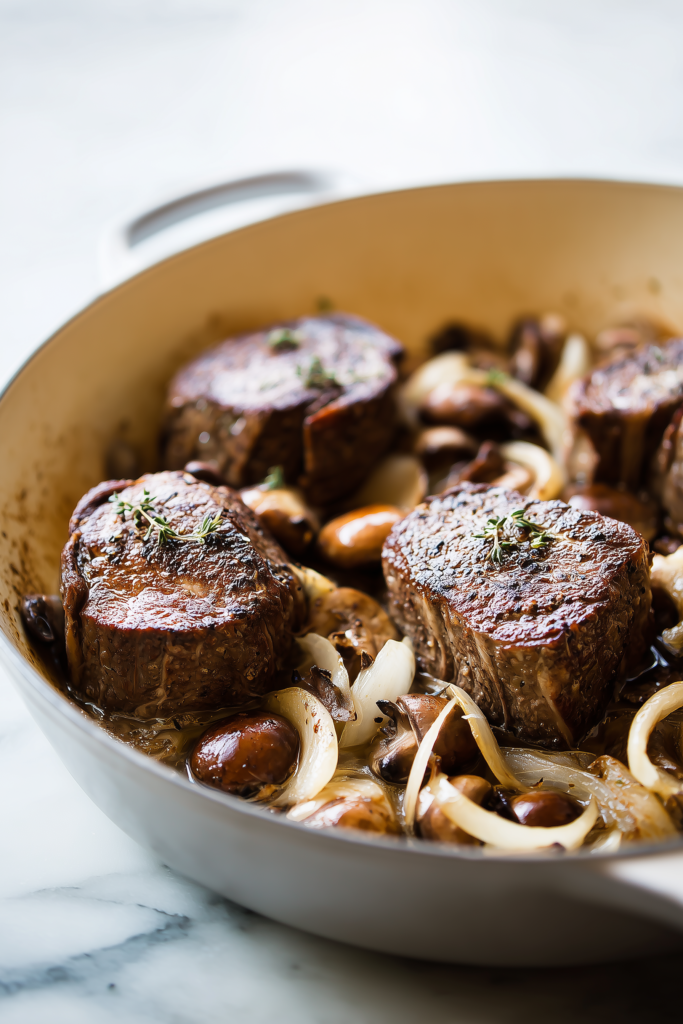 Beef short ribs and mushrooms being seared in a Dutch oven for Creamy Mushroom Herb–Braised Beef Short Ribs.