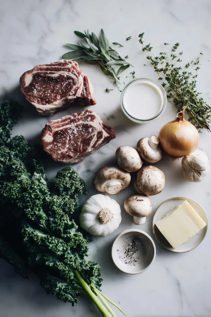 Beef short ribs, mushrooms, fresh herbs, cream, and aromatics arranged on a marble surface for Creamy Mushroom Herb–Braised Beef Short Ribs.