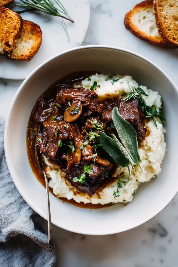 Creamy Mushroom Herb–Braised Beef Short Ribs served with mashed potatoes and bread on a bright plate.