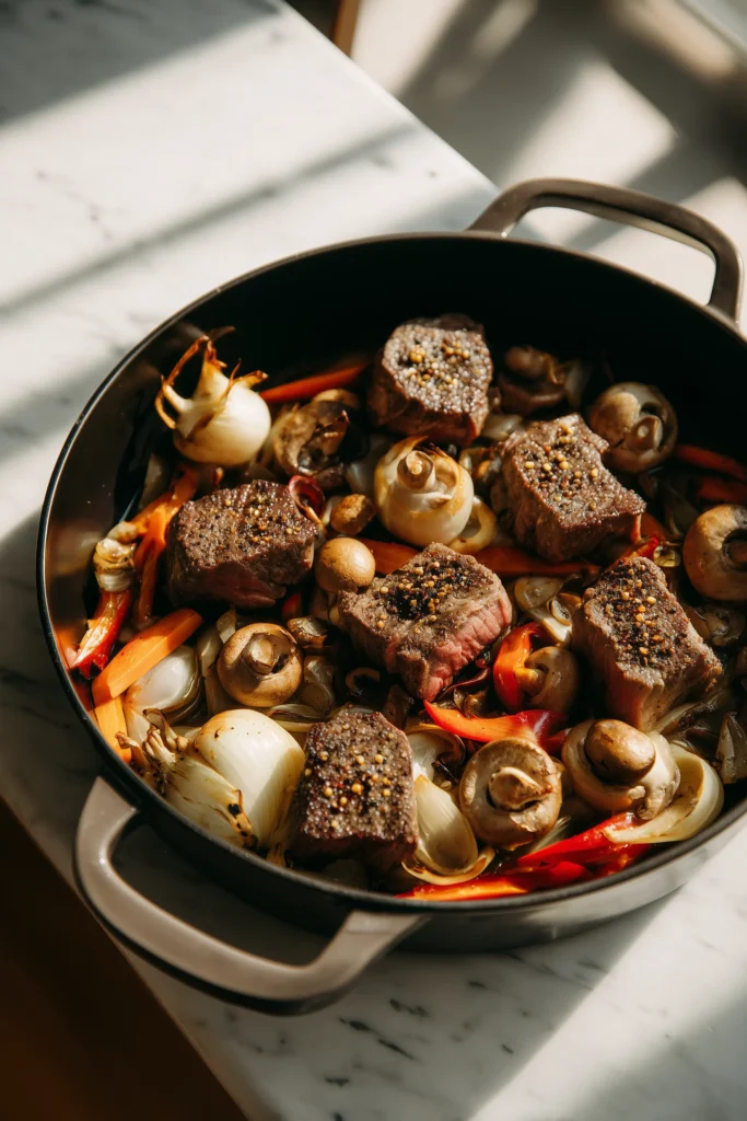 Steak and aromatics cooking in a Dutch oven, in the early stages of Creamy Steak & Potato Peppercorn Soup.