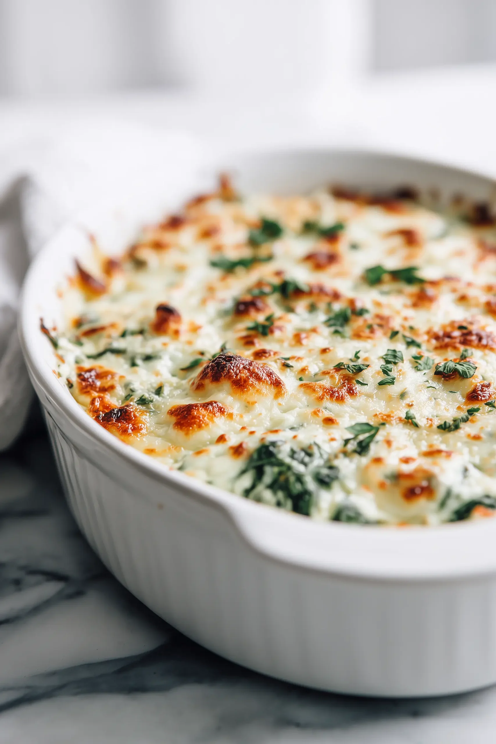 A freshly baked Creamy Spinach and Cottage Cheese Casserole in a white dish, with a golden cheesy crust.