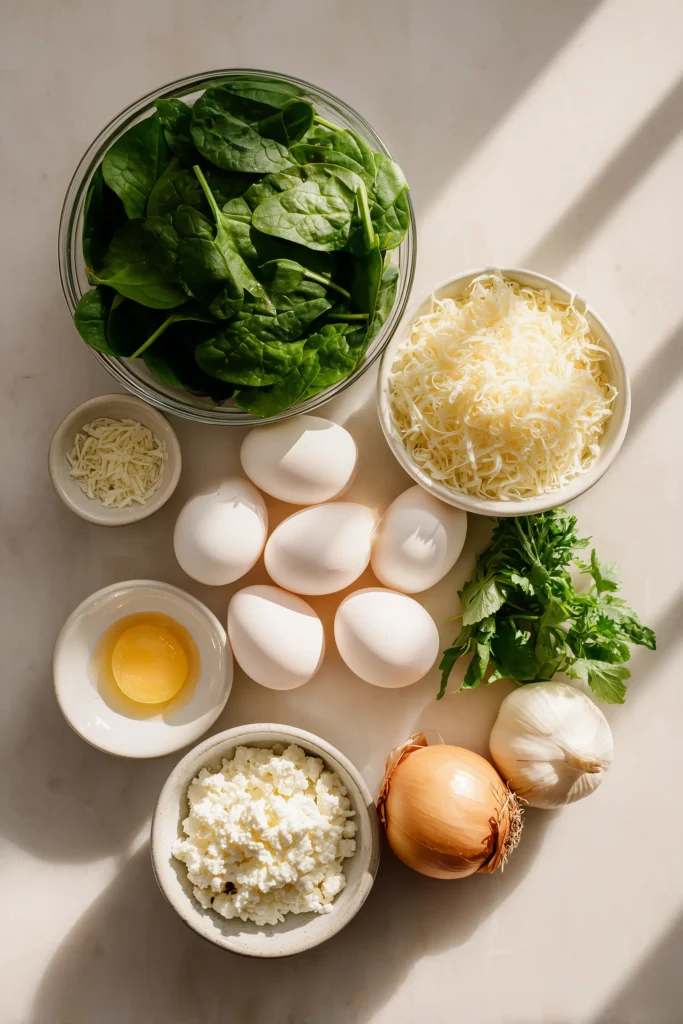Key ingredients for Creamy Spinach and Cottage Cheese Casserole including spinach, cheese, eggs, and herbs on a marble surface.