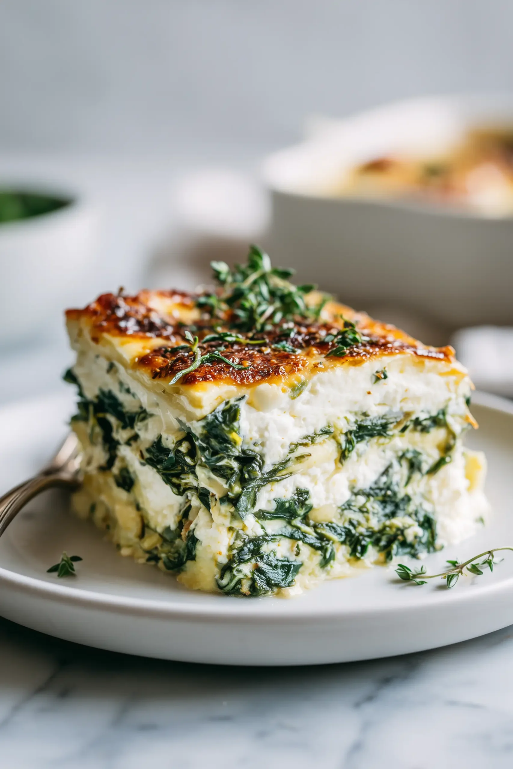 A plate with a serving of Creamy Spinach and Cottage Cheese Casserole, showing creamy spinach layers and melty cheese.
