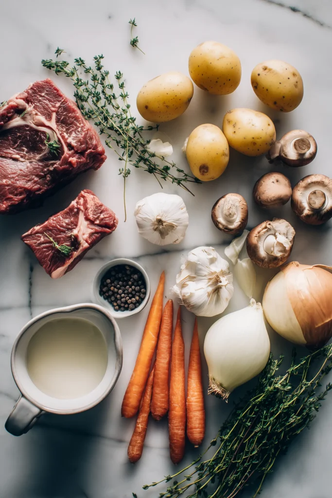 Overhead view of the fresh ingredients for Creamy Steak & Potato Peppercorn Soup laid out on a marble surface.