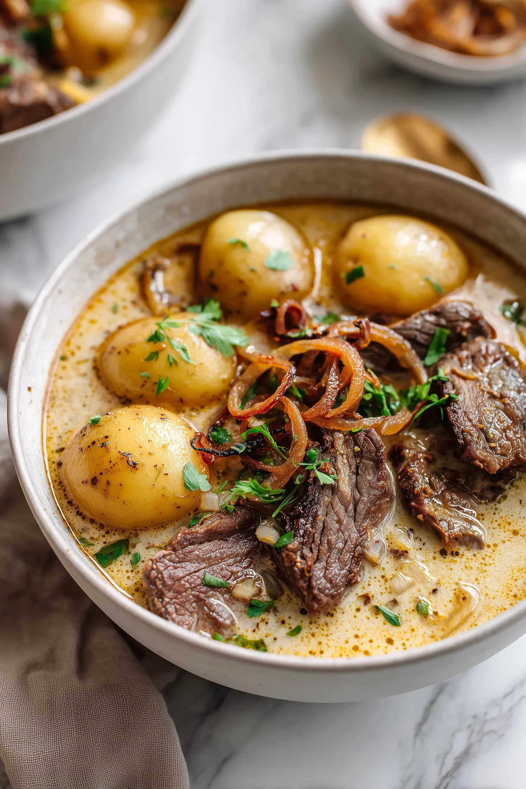 A bowl of Creamy Steak & Potato Peppercorn Soup with steak pieces, potatoes, creamy broth, and crispy shallots on a marble surface.
