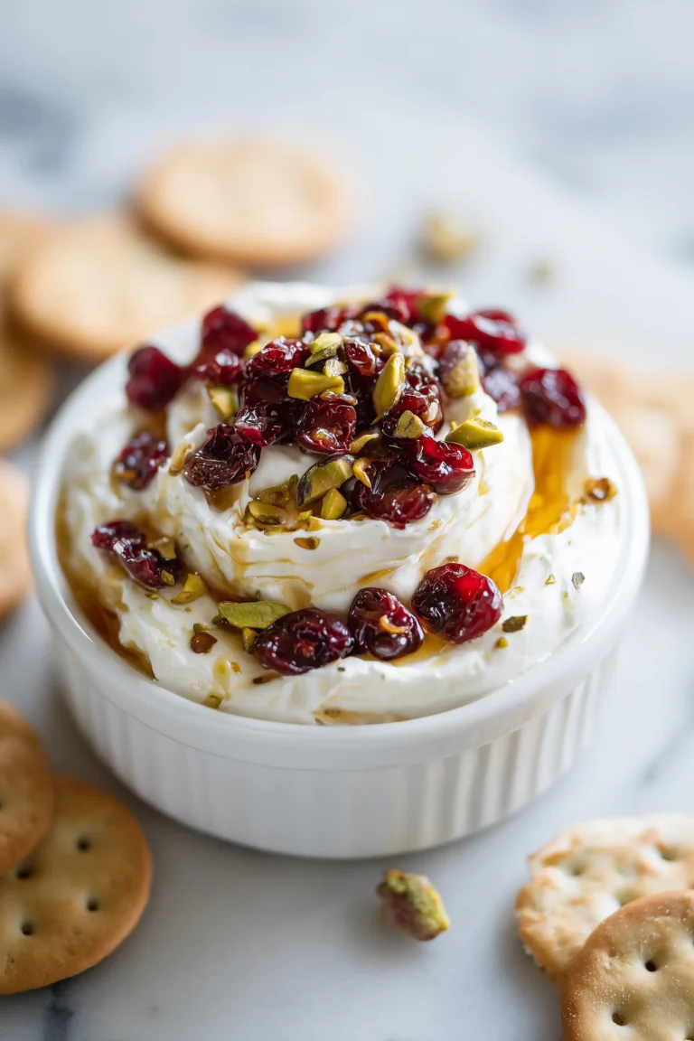 Overhead shot of creamy whipped brie topped with cranberries and pistachios for Creamy Whipped Brie with Cranberry & Pistachios.