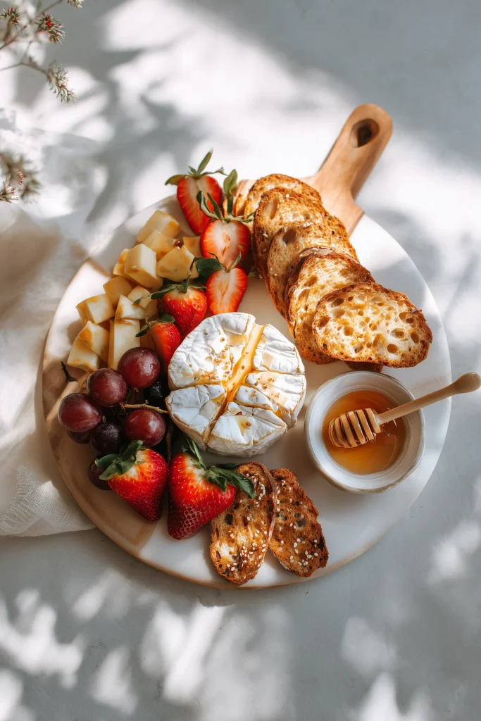 Creamy Whipped Brie with Cranberry & Pistachios 4 Appetizer board with creamy whipped brie, crackers, bread, and fruit for Creamy Whipped Brie with Cranberry & Pistachios.