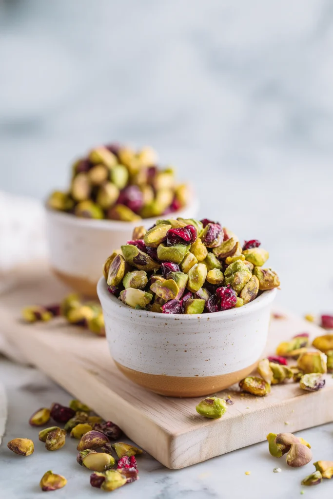 Creamy Whipped Brie with Cranberry & Pistachios 3 Small bowls of chopped pistachios and cranberries for Creamy Whipped Brie with Cranberry & Pistachios.