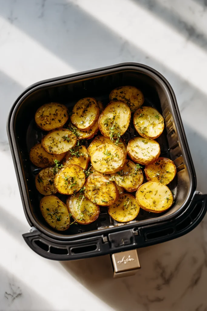 Crispy Air Fryer Potato Slices (Quick, Golden & Addictive) 2 Seasoned potato slices arranged in an air fryer basket, ready to cook for Crispy Air Fryer Potato Slices.