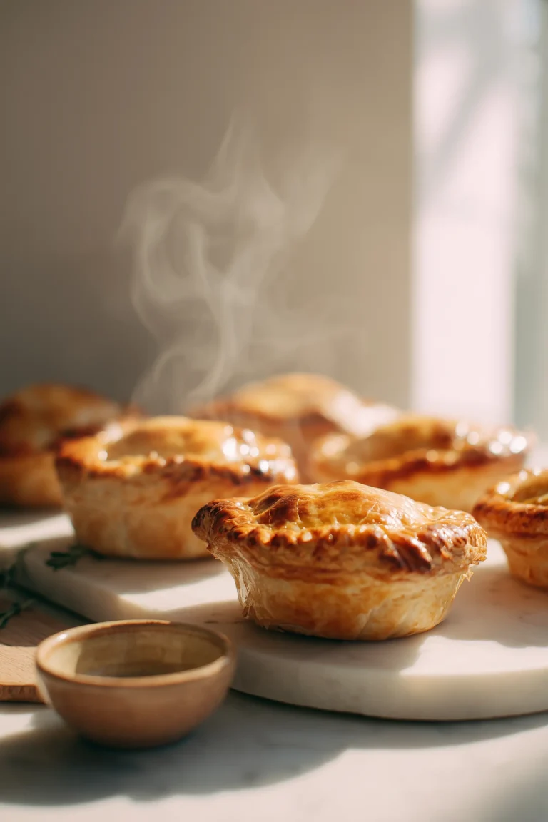 A close-up of crispy meat pies with golden, flaky crusts, showing savory fillings and a home-baked look.