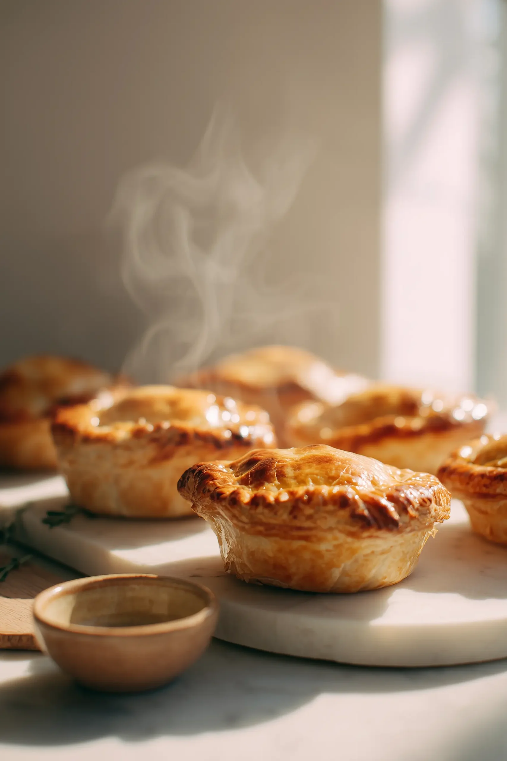 A close-up of crispy meat pies with golden, flaky crusts, showing savory fillings and a home-baked look.