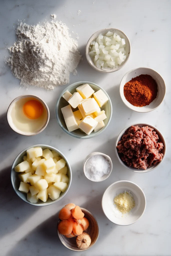 Crispy Meat Pies 2 Overhead view of crispy meat pies ingredients like flour, butter, beef, and vegetables on a marble surface.