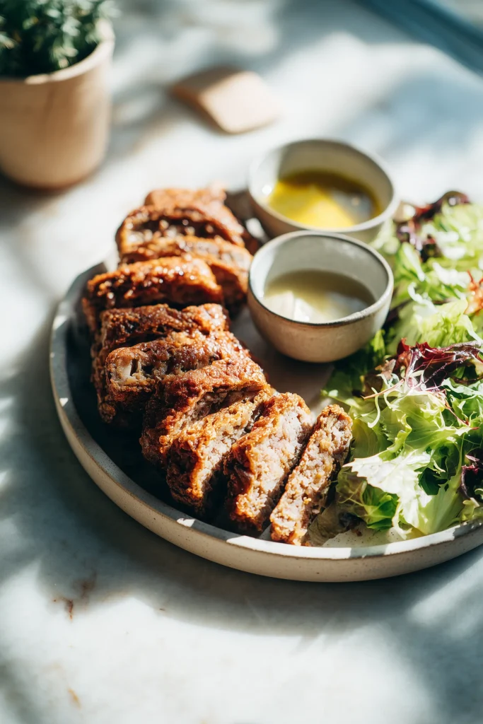 Crispy Meat Pies 4 Sliced crispy meat pies on a platter with dipping sauces and salad, styled for a cozy gathering.