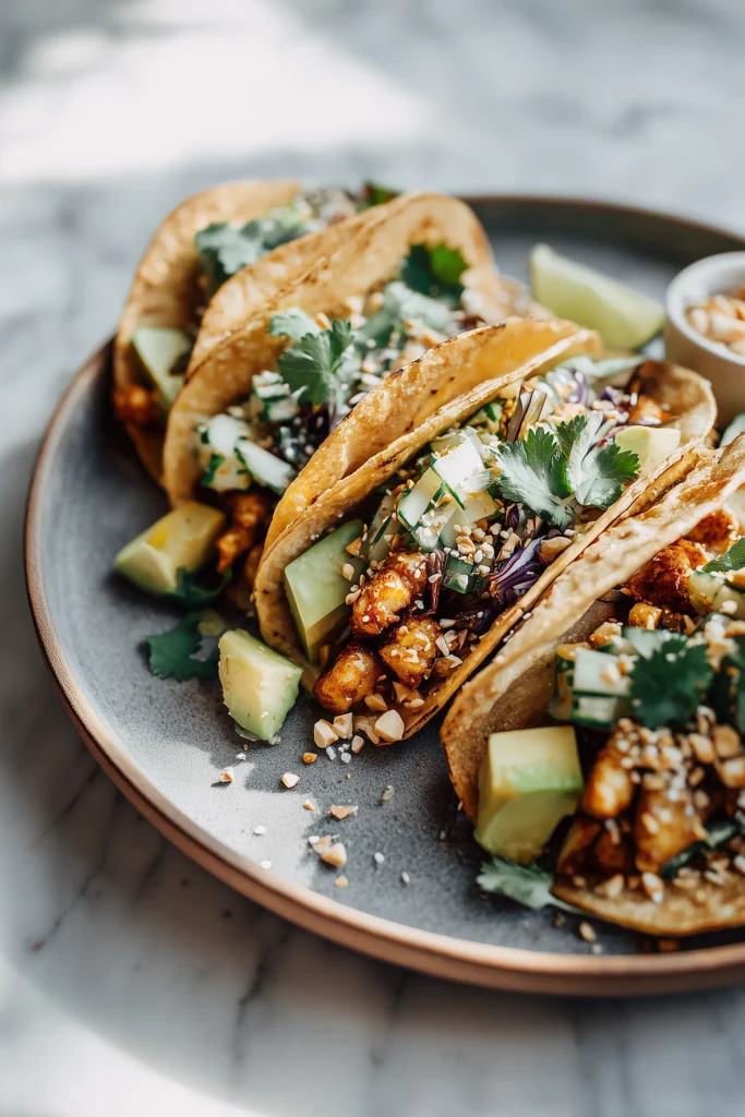 Crispy Teriyaki Chicken & Mushroom Tacos with Creamy Cucumber Salad 4 Platter of assembled Crispy Teriyaki Chicken & Mushroom Tacos with Creamy Cucumber Salad and fresh toppings.