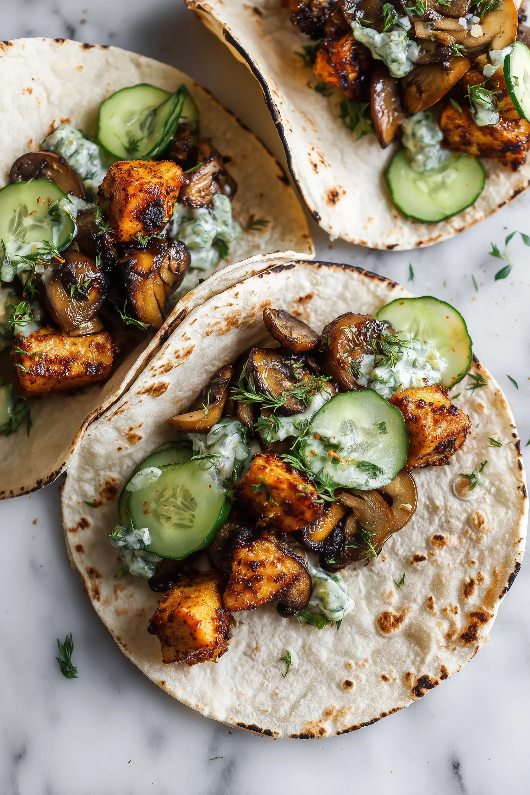 An overhead shot of Crispy Teriyaki Chicken & Mushroom Tacos with Creamy Cucumber Salad, highlighting golden crispy chicken, mushrooms, and creamy salad in tortillas.
