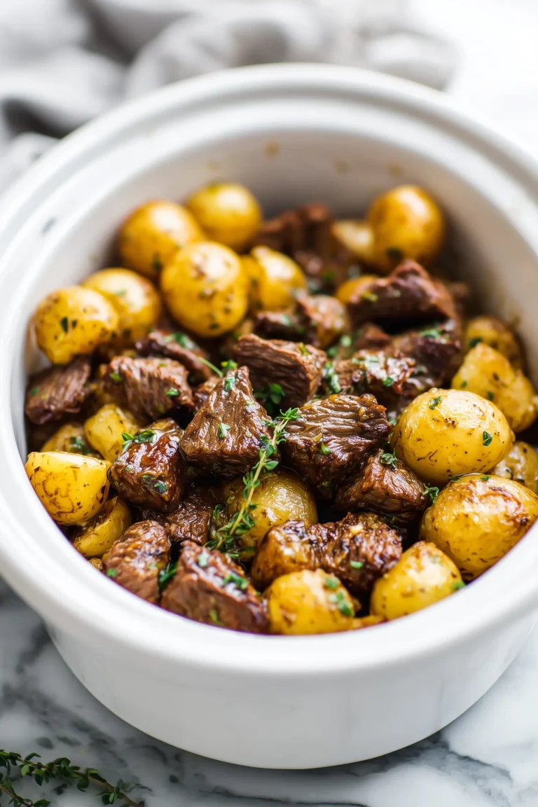 A bright, inviting crockpot filled with Crockpot Garlic Butter Beef Bites with Potatoes, glistening with garlic butter sauce and surrounded by golden potatoes.