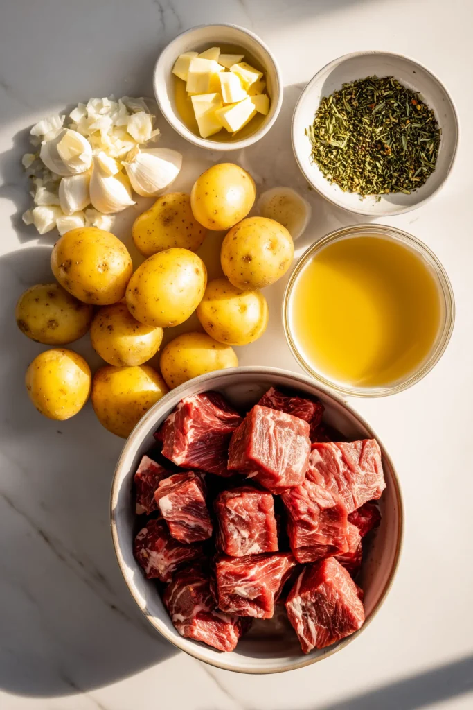 All key ingredients for Crockpot Garlic Butter Beef Bites with Potatoes arranged on a bright marble surface.