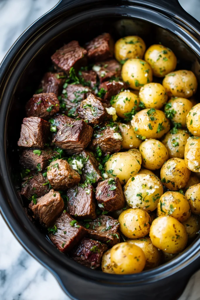 Overhead view of beef and potatoes prepped with garlic butter, ready to become Crockpot Garlic Butter Beef Bites with Potatoes.