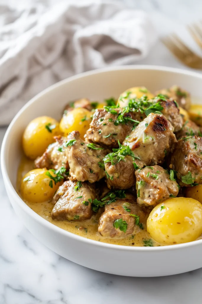 Crockpot Garlic Butter Beef Bites with Potatoes served in a bright white bowl, garnished with parsley and creamy sauce.