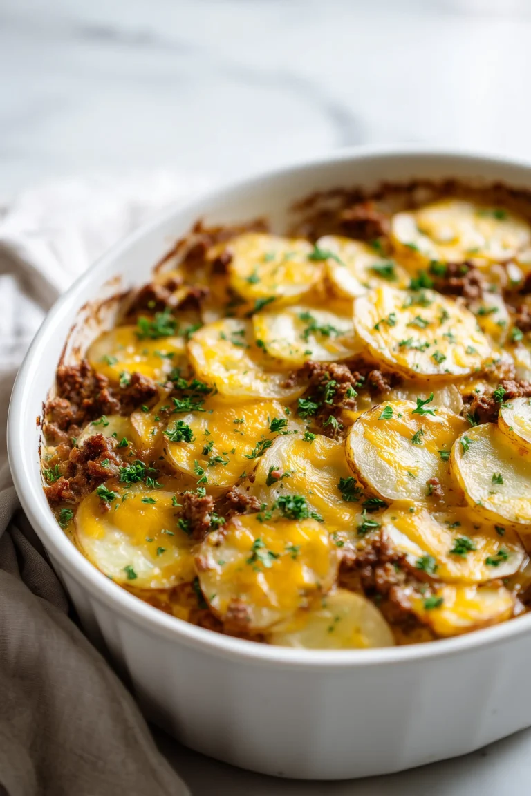 Crockpot Hamburger Potato Casserole in a white slow cooker layered with beef, potatoes, and melted cheese.