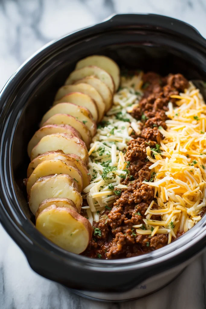 Layered Crockpot Hamburger Potato Casserole assembled in a slow cooker before cooking.