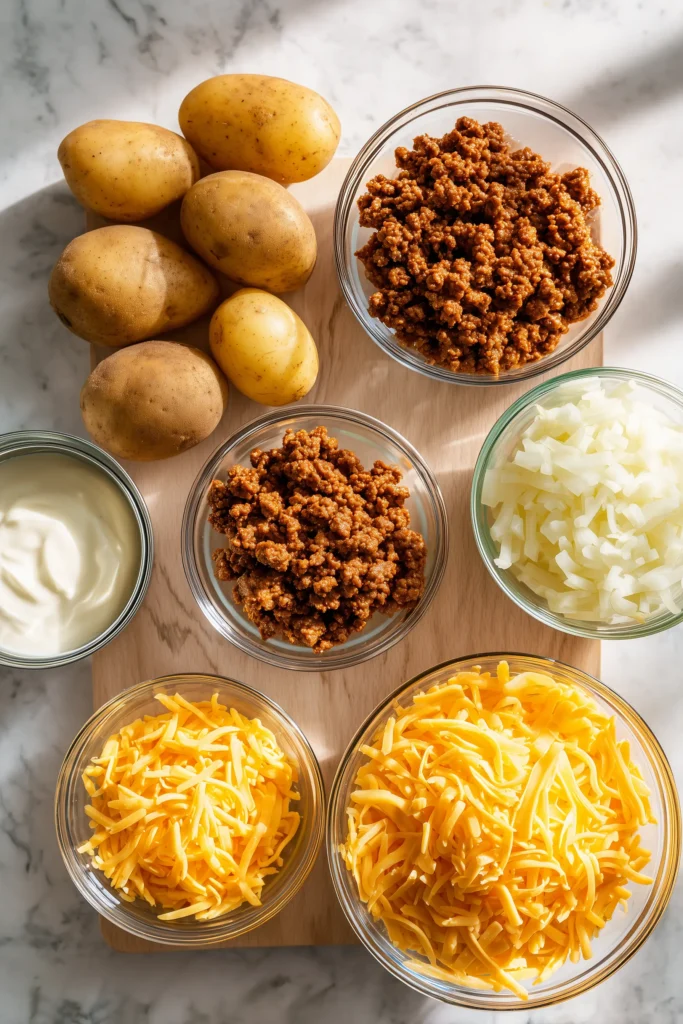 Ingredients for Crockpot Hamburger Potato Casserole shown prepped on a pale wood background.