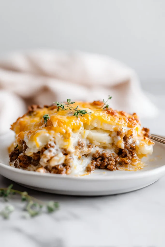 A plate of Crockpot Hamburger Potato Casserole with cheesy golden top and creamy layers.