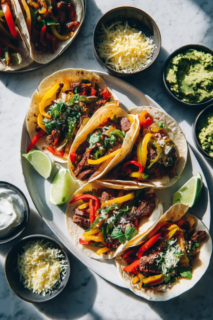 Skillet Steak Fajitas 3 Tortillas filled with steak, peppers, and onions, plus topping bowls for Skillet Steak Fajitas.