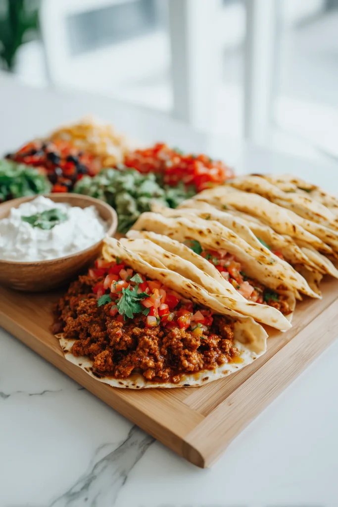 Platter of tortillas, turkey filling, and fresh toppings for Ground Turkey Tacos.