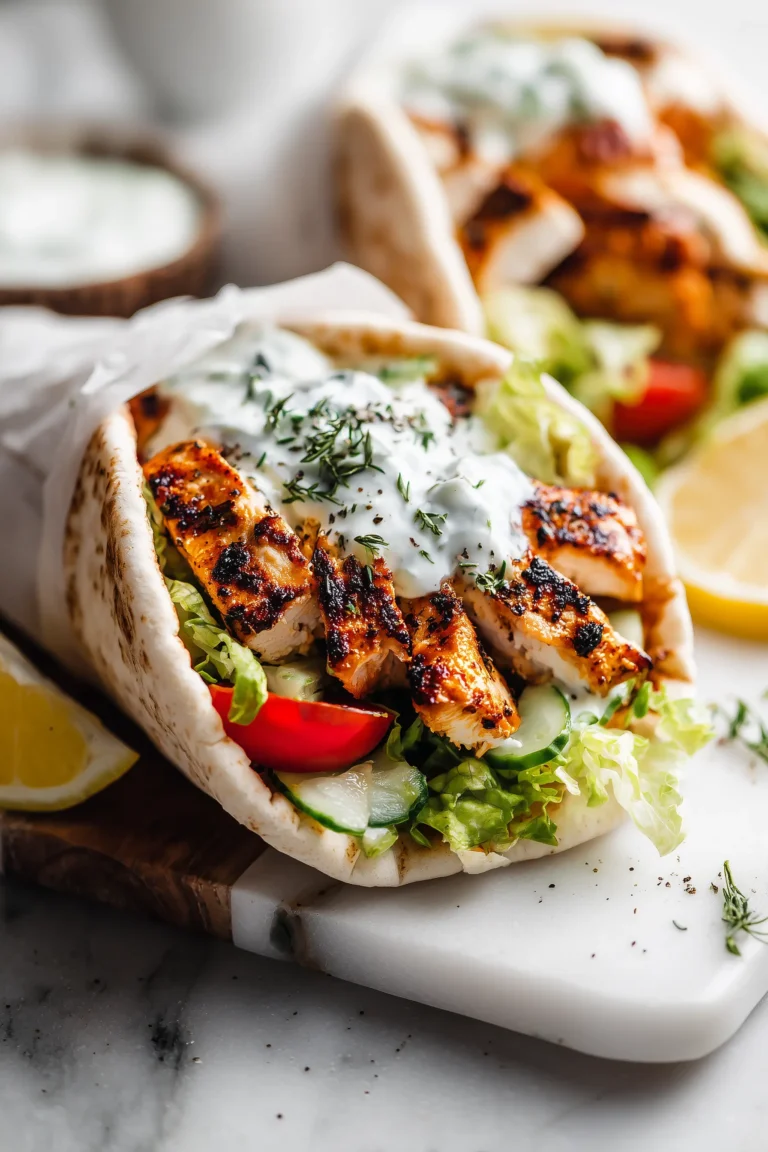 A platter of Greek Chicken Gyros with marinated chicken, pita, tzatziki, and fresh veggies arranged beautifully on white marble.