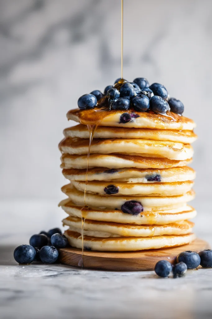 A tall stack of Greek Yogurt Pancakes with Fresh Blueberries, drizzled with syrup on a bright background.