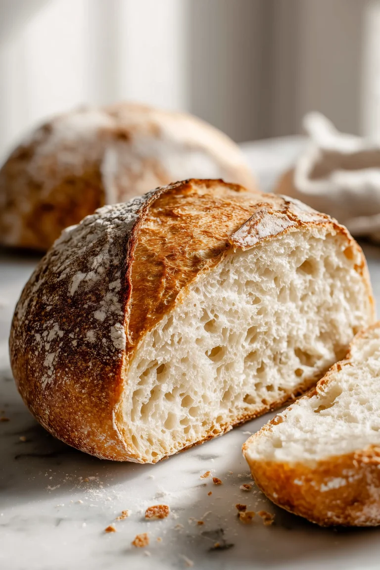 Golden Homemade Ciabatta Bread with an airy crumb, sliced open on bright marble to show the classic texture.